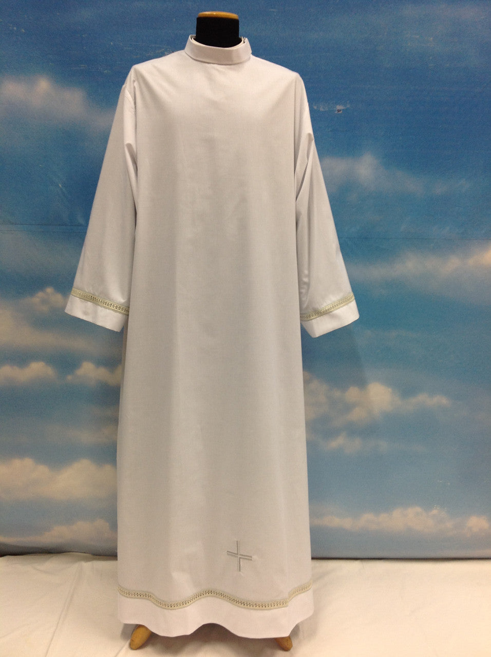 Single Lace Insert & Embroidered Cross Alb | Shoulder Zipper Closure | Poly/Cotton