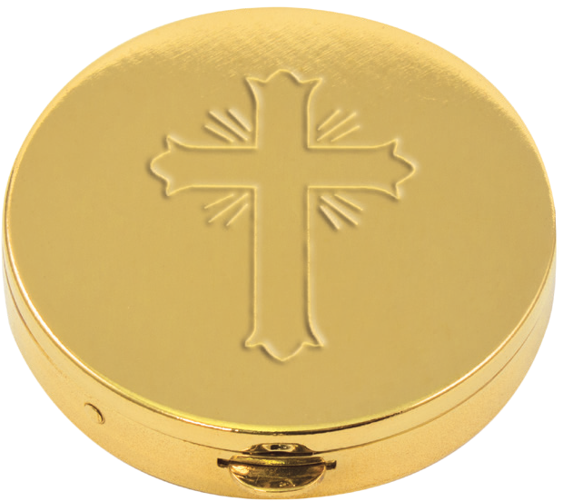 Ornate Cross Engraved Pyx | 24K Gold Plate | Satin Interior | Holds 7 Hosts