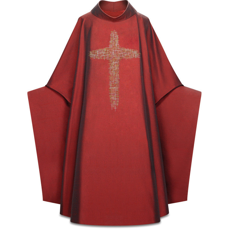 #5391 Ultra Lightweight Embroidered Cross Monastic Chasuble | Stiff Roll Collar | Silk/Poly