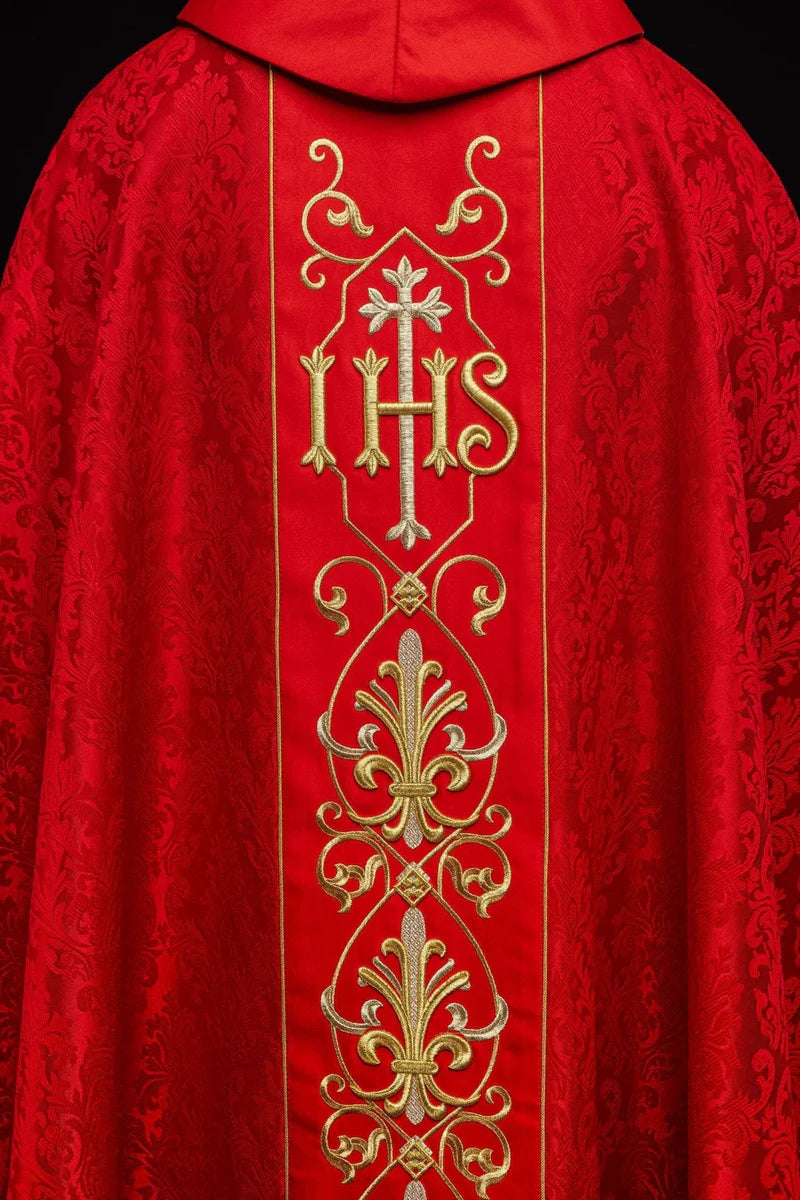#KOR/268/02/67 Ornate IHS Chasuble, Red