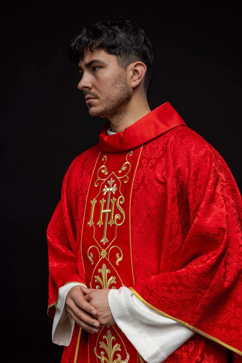 #KOR/268/02/67 Ornate IHS Chasuble, Red