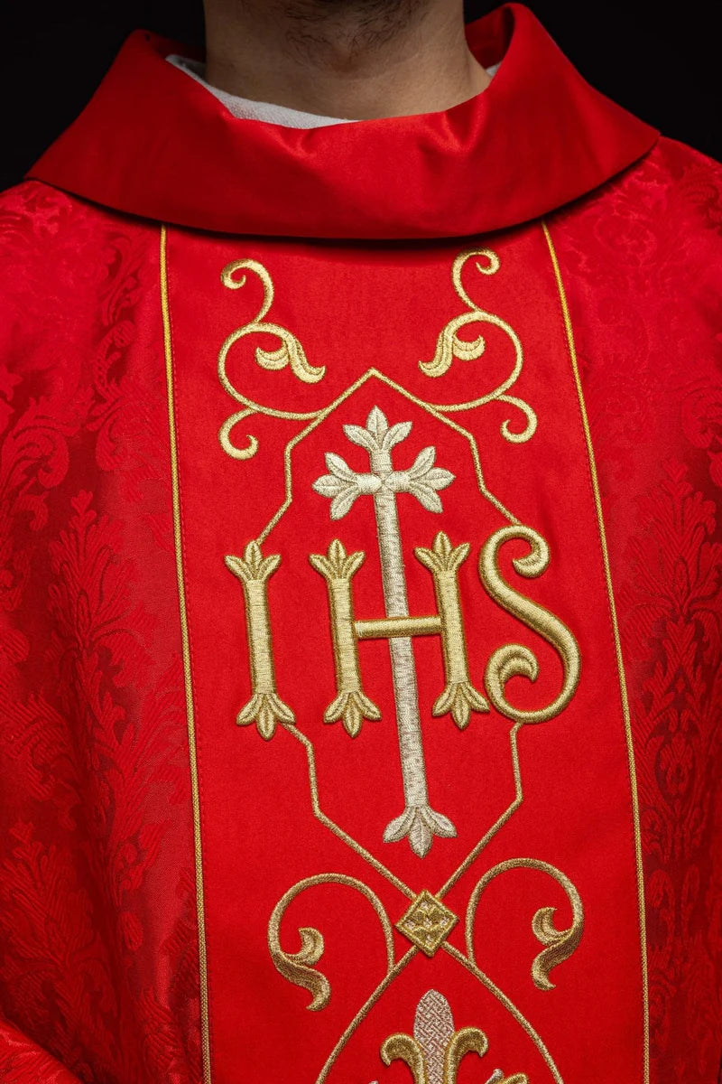 #KOR/268/02/67 Ornate IHS Chasuble, Red