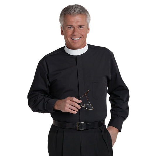 #SM-107 Black Clergy Shirt | Banded Collar | Long Sleeve