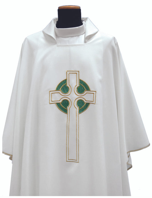 #347 Celtic Cross Chasuble | Square Collar | 100% Poly | Green & White
