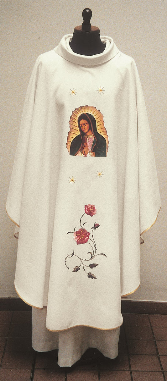 #858 Embroidered Our Lady of Guadalupe Marian Chasuble | Roll Collar | 100% Poly