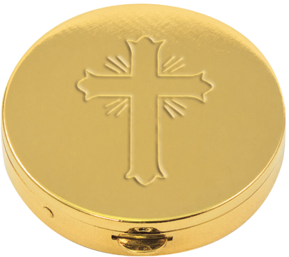 Ornate Cross Engraved Pyx | 24K Gold Plate | Satin Interior | Holds 7 Hosts