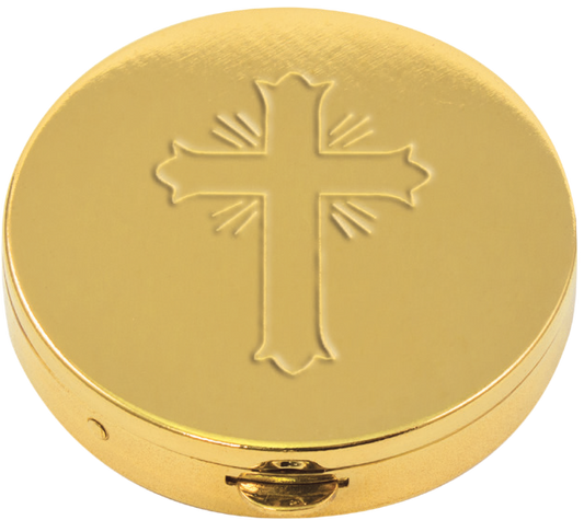 Ornate Cross Engraved Pyx | 24K Gold Plate | Satin Interior | Holds 7 Hosts