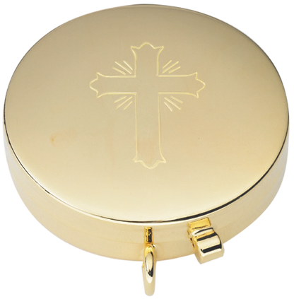 Ornate Cross Engraved Pyx | 24K Gold Plate | Satin Interior | Holds 7 Hosts