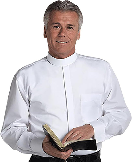 White Clergy Shirt | Neckband Collar | Long Sleeve | Poly/Cotton