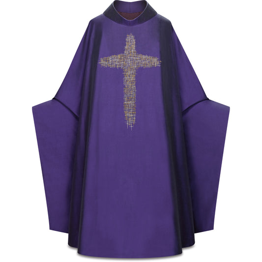 #5391 Ultra Lightweight  Embroidered Cross Monastic Chasuble | Stiff Roll Collar | Silk/Poly