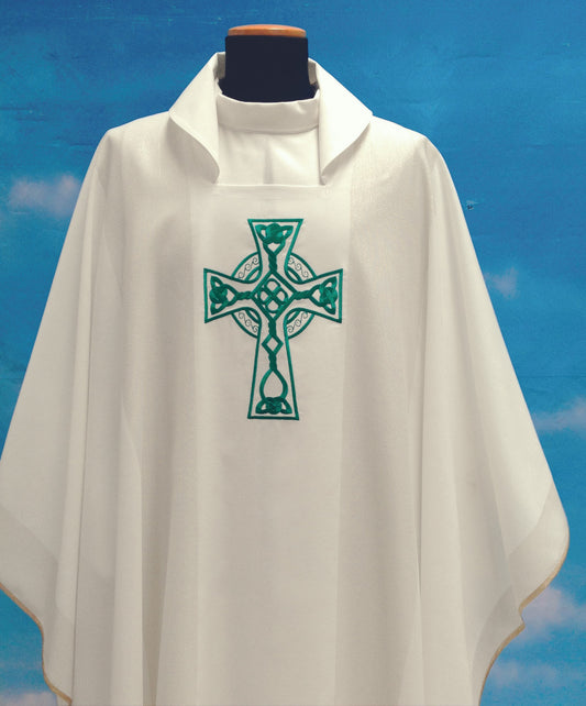 #348 Celtic Cross Chasuble | Square Collar | Mixed Wool | Green & White