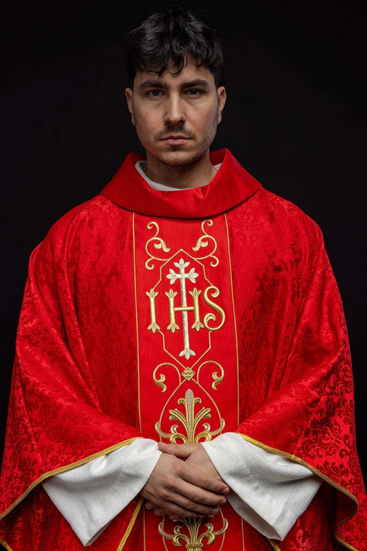 #KOR/268/02/67 Ornate IHS Chasuble, Red