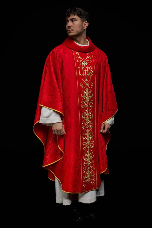 #KOR/268/02/67 Ornate IHS Chasuble, Red