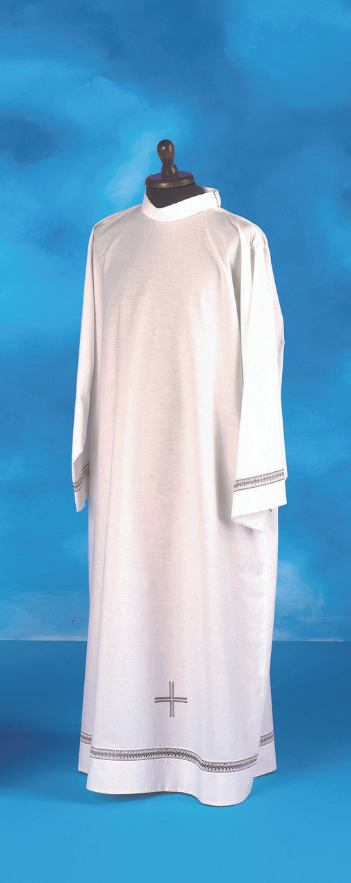 Single Lace Insert & Embroidered Cross Alb | Shoulder Zipper Closure | Poly/Cotton